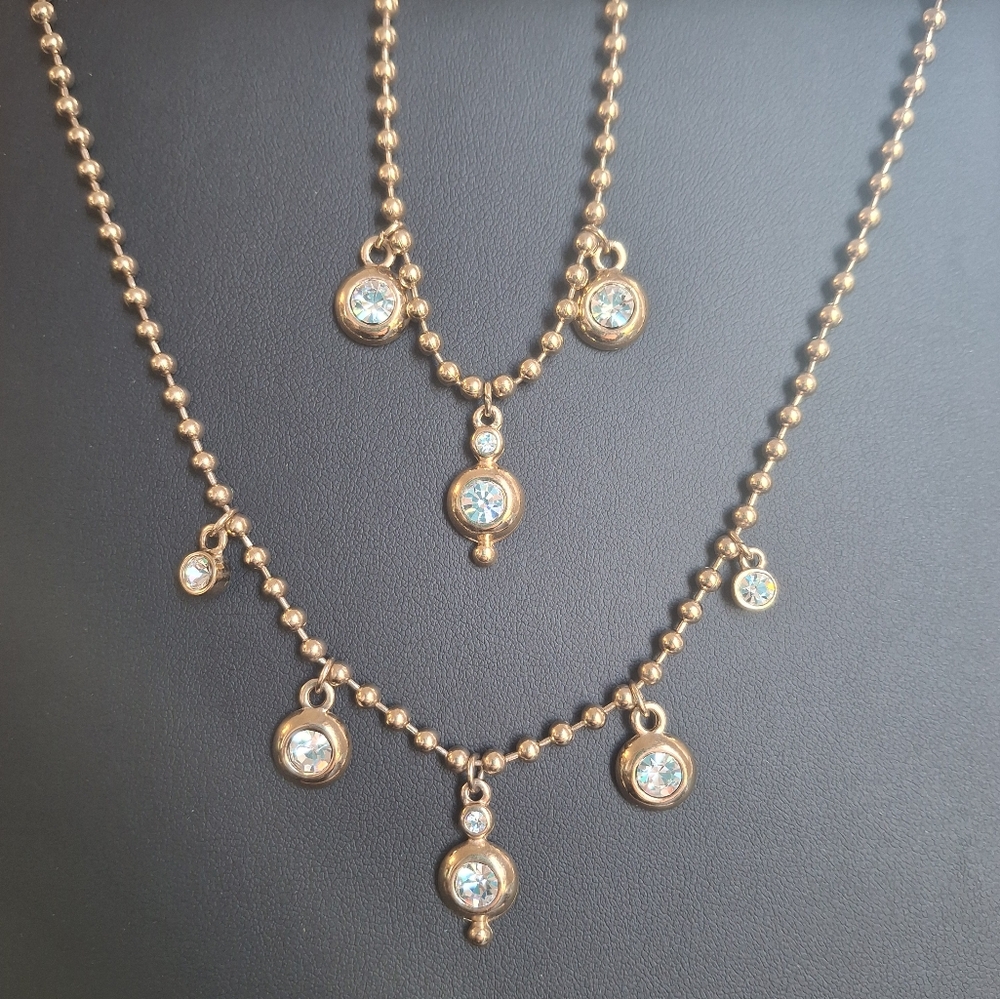 Necklace and Bracelet Set - Gold Tone with Crystal Drops and Beaded Chain